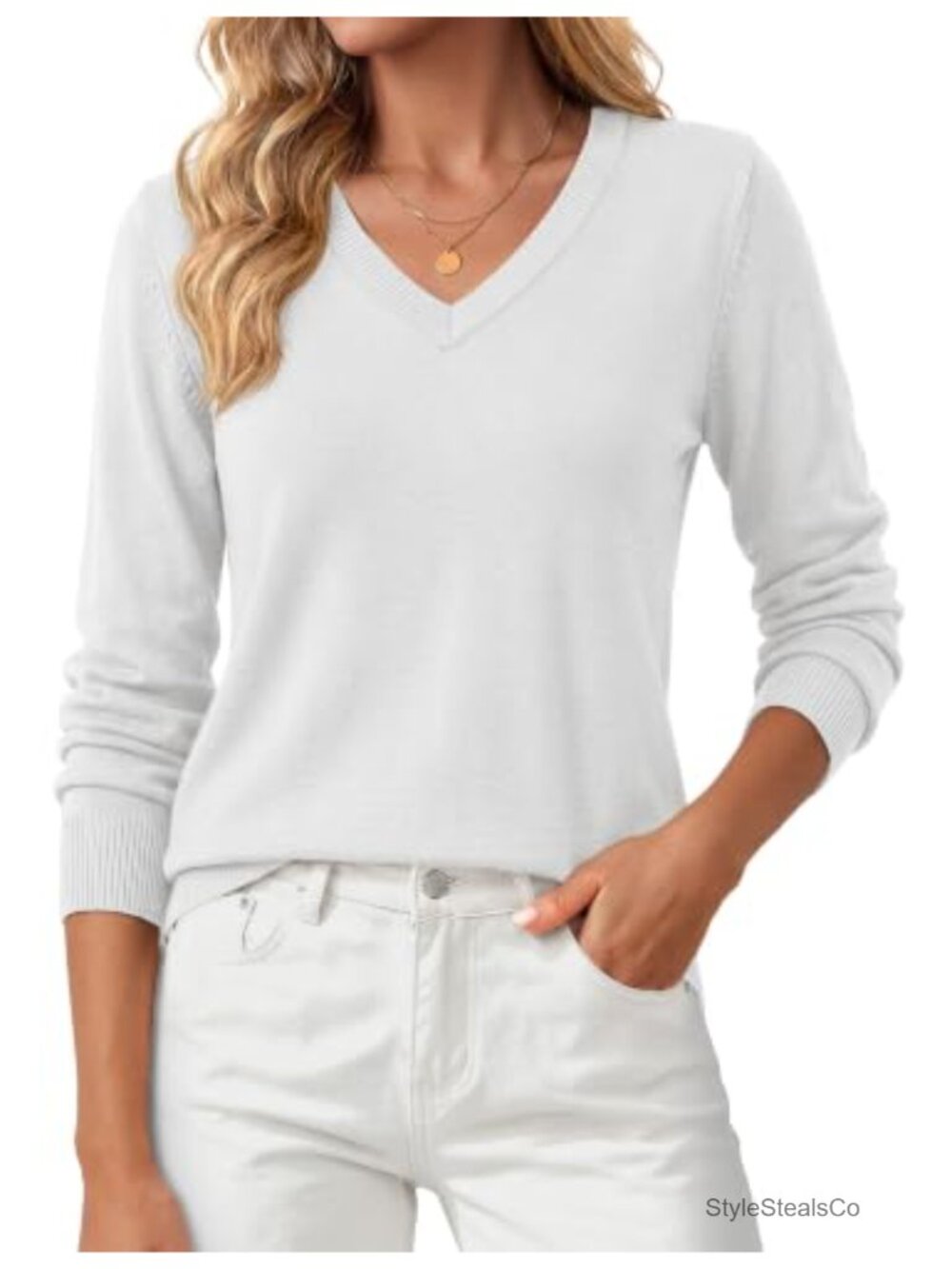 V Neck Sweater Women Long Sleeve Lightweight Pullover Ribbed Knit Casual